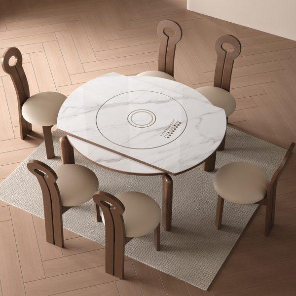 电磁炉岩板转盘伸缩餐桌复古风胡桃木家用小户型大象腿折叠圆桌,住宅家具,岩板餐桌,淘宝优惠券,粉丝福利购,淘宝优惠卷