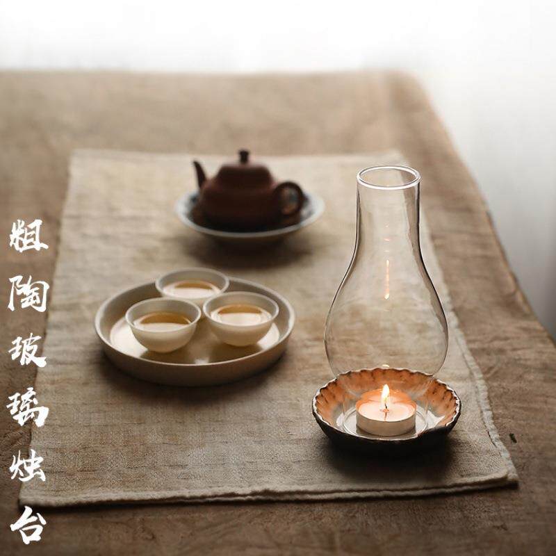 玩物集手捏黑陶蜡烛台粗陶酥油灯座玻璃灯罩茶道茶席茶空间摆件