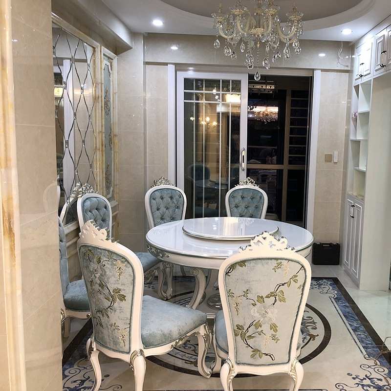 法式实木圆餐桌餐椅组 欧式宫廷奢华雕花餐厅配套新古典圆桌家具