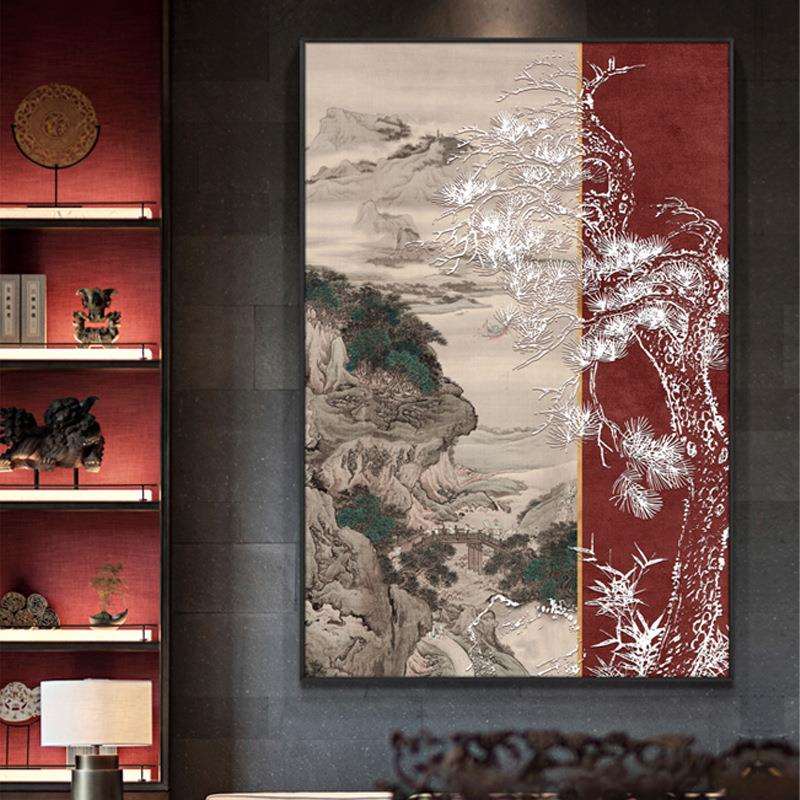 新中式玄关客厅山水国画餐厅走廊过道装饰画酒店饭店竖版红色壁画