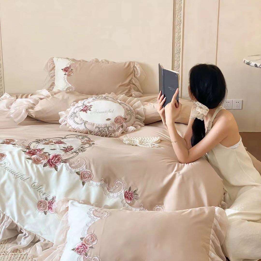 法式复古四件套被套床上用品花边粉色法式少女心公主风纯棉床单全