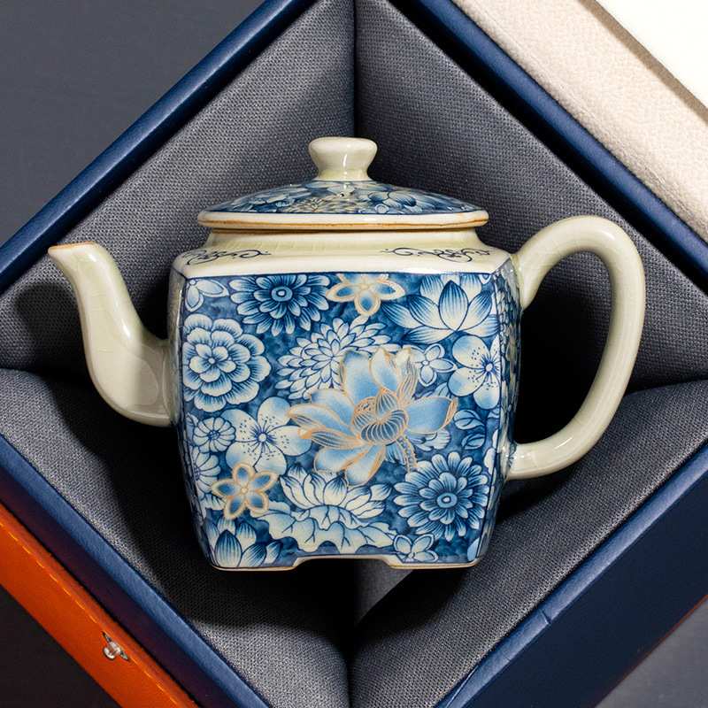 汝窑金万花汉方壶茶壶家用高档精致泡茶壶茶水壶陶瓷茶具厂家