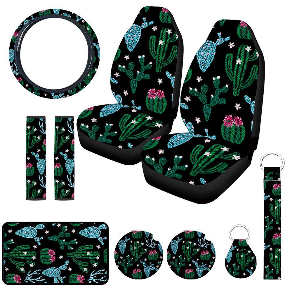 外贸汽车印花座椅套temu绿色仙人掌10件套