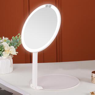热卖充电款圆形LED便携旅行化妆镜折叠补光美妆镜子三色灯梳妆镜