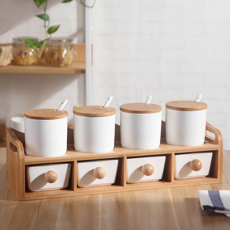 供应陶瓷调味罐厨房收纳套装两层抽屉式八件套味精盐罐调料瓶