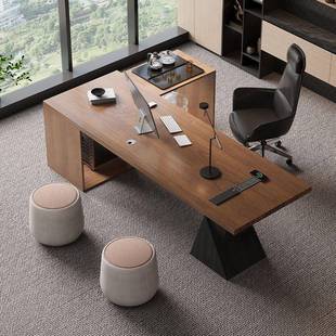 实木办公桌茶桌一体两用大班台办公室老板桌书桌轻奢高级感中式