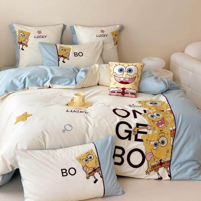 海绵宝宝卡通刺绣全棉100S澳棉长绒棉四件套纯棉被套可爱床上用品