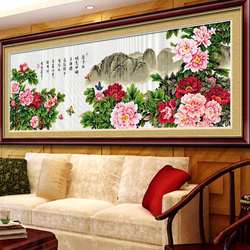 十字绣牡丹花开富贵线绣客厅新款大幅自己绣中国风手工2019山水画