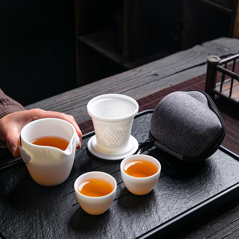 羊脂玉素烧白瓷快客杯一壶两杯车载户外随身泡茶旅行茶具包轻便
