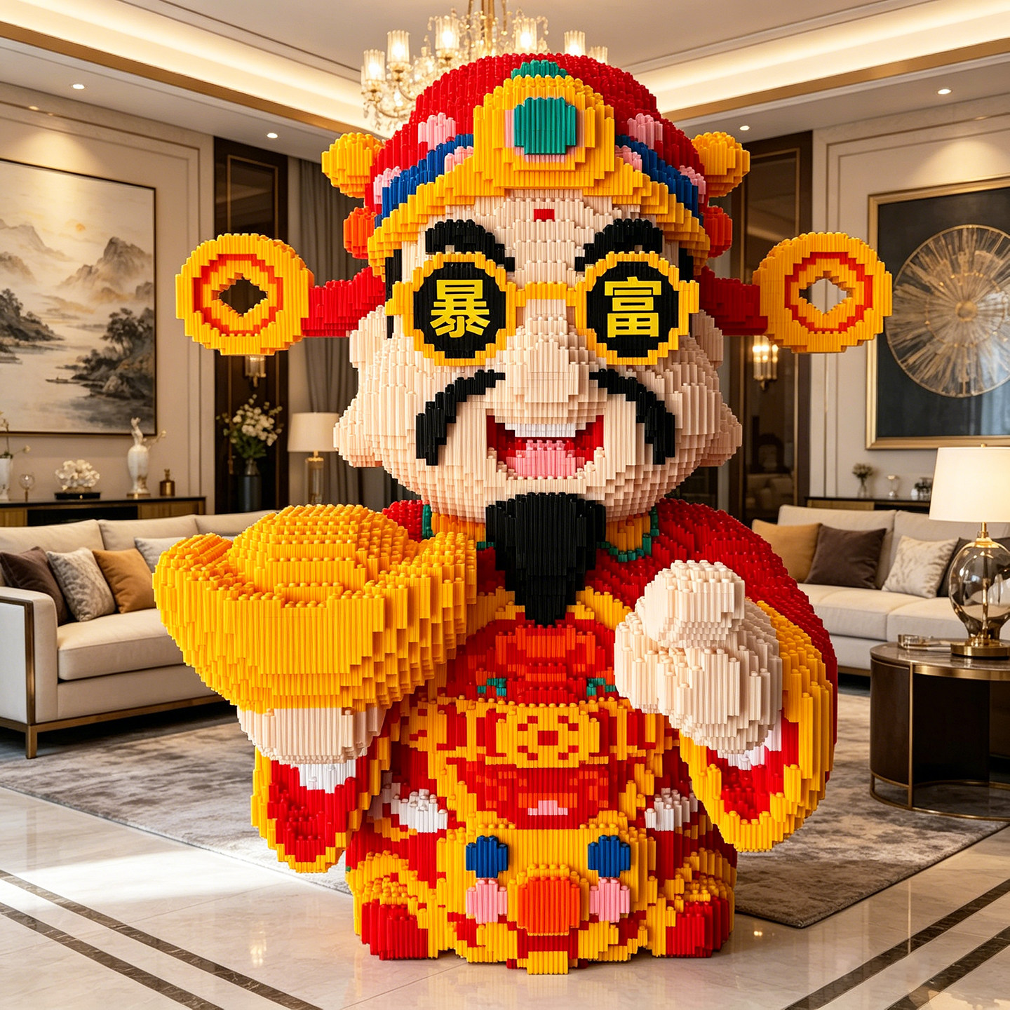 巨大70cm财神爷积木拼装玩具大颗粒儿童成人立体拼图益智礼物摆件