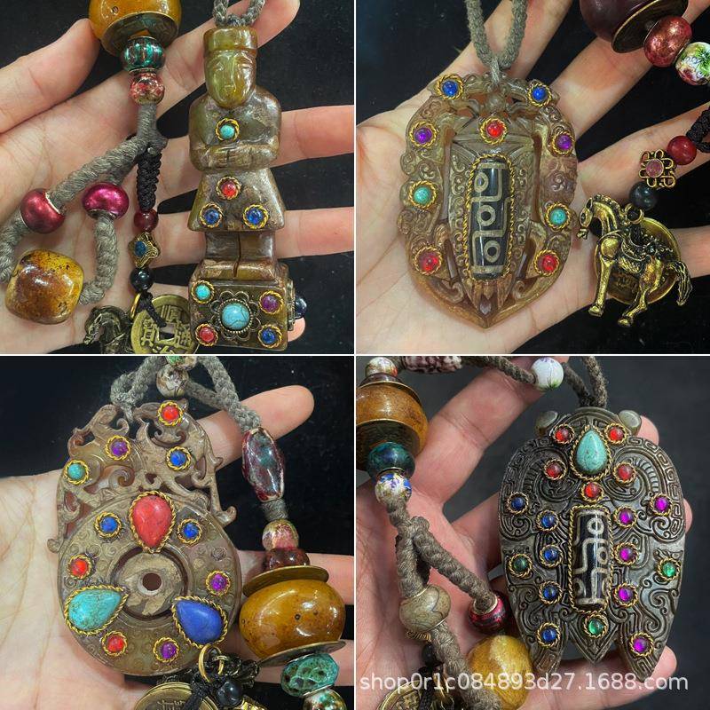 复古包浆藏传高古岫玉貔貅玉璧镶嵌宝石九眼天珠兵马俑玉挂件把件
