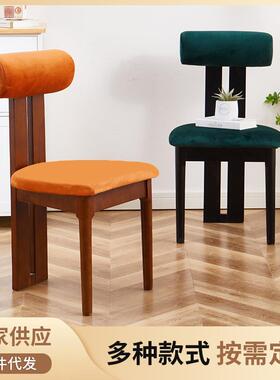 北欧日式实木餐椅家用靠背软包梳妆椅设计师现代简约轻奢中古橙色