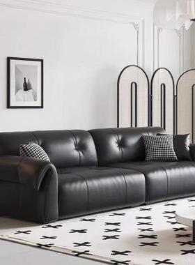 真皮沙发客厅意式极简小户型直排黑色皮沙发新款大象耳朵皮艺沙发