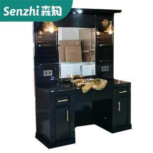 外贸欧美理发店镜子发廊专用复古实木美发镜台柜一体带洗头盆