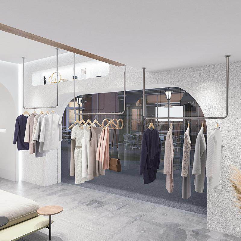 服装店衣架展示架上墙正挂不锈钢拉丝银色女装挂杆墙上壁挂货架
