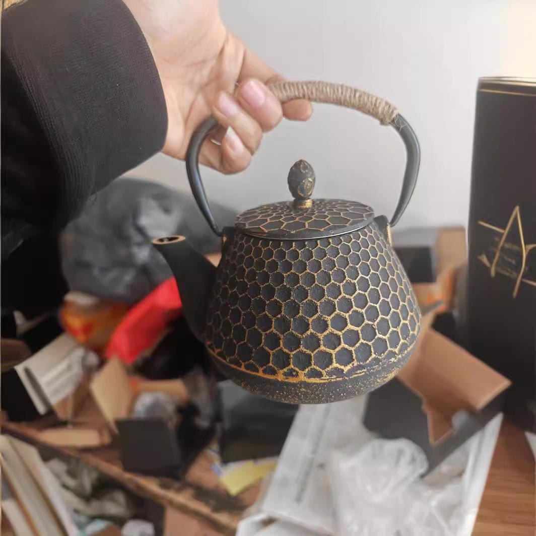 铸铁茶壶生铁铸造铁壶茶具外贸款铸铁茶壶亮瓷内胆黑金色铁壶批量