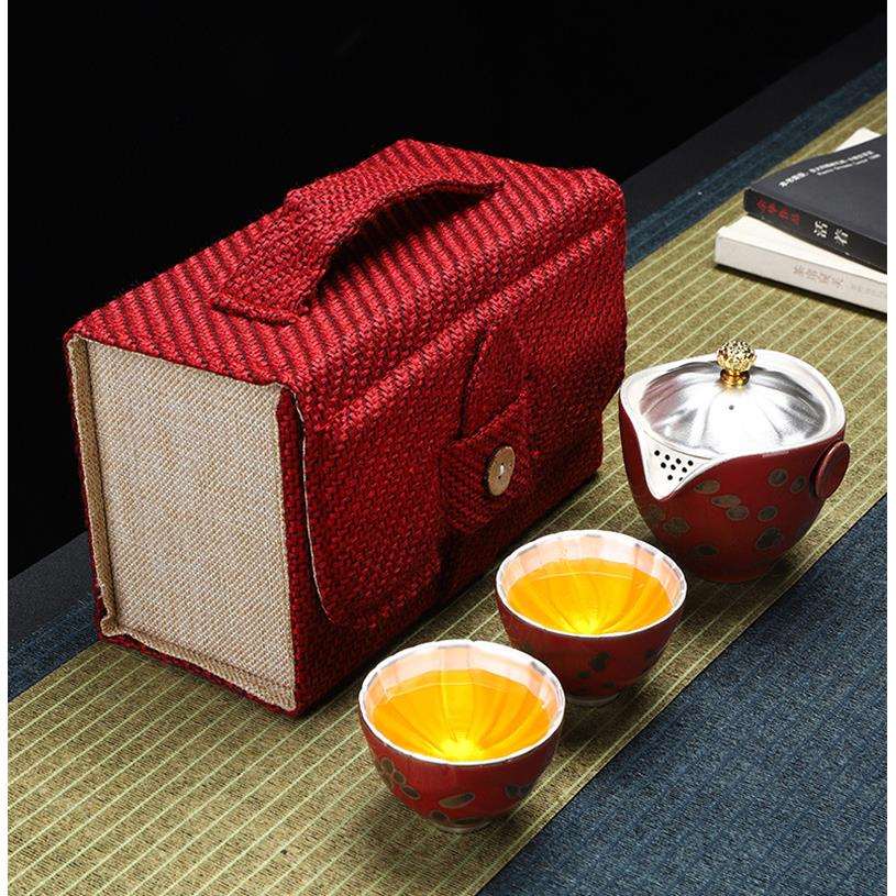鎏银功夫旅行茶具套装出差户外便携霁蓝快客杯一壶二杯茶壶茶杯