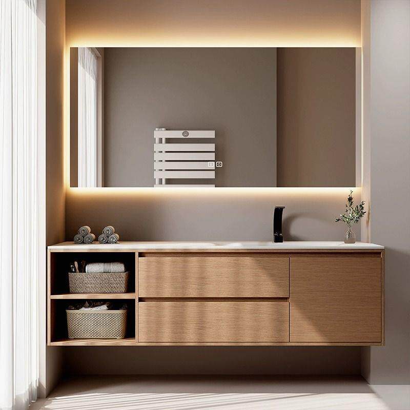 原木中古风实木智能浴室柜组合岩板热弯一体盆洗漱台洗手脸盆