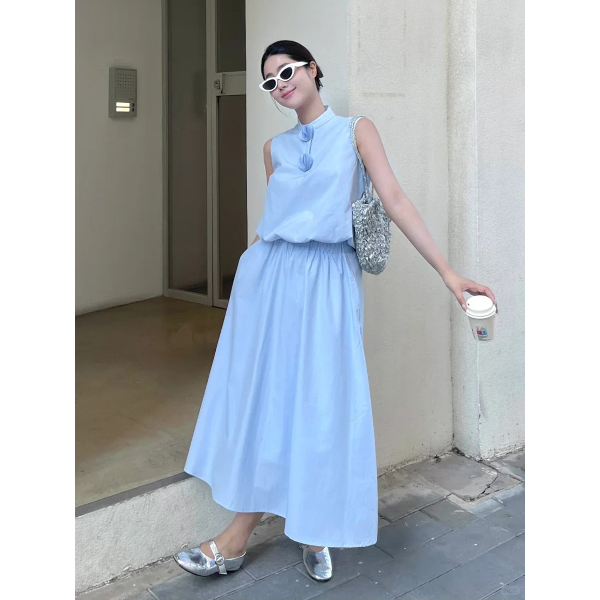 日常优雅轻熟风棉混纺小立领无袖花苞背心+松紧腰遮肉显瘦A字半裙,女装/女士精品,大码套装,淘宝优惠券,粉丝福利购,淘宝优惠卷