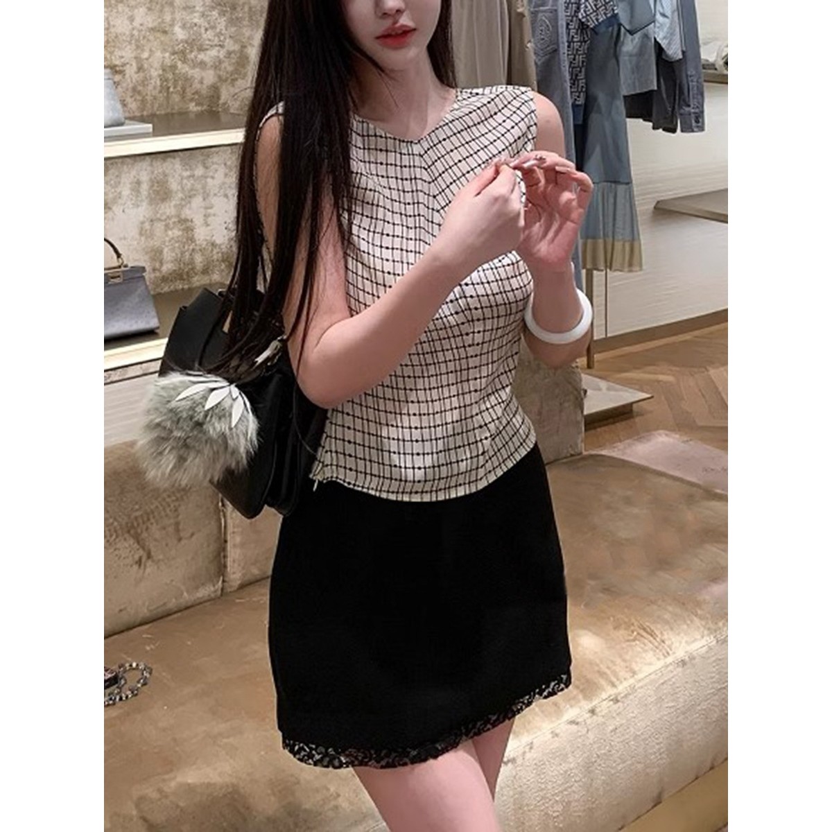 法式格纹背心T恤圆领无袖连衣裙套装格子设计感气质背心,女装/女士精品,大码套装,淘宝优惠券,粉丝福利购,淘宝优惠卷