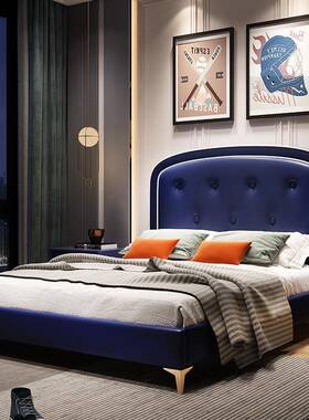 MGA86蓝色儿童真皮青少年男孩软包床单人储物高箱男宝齐边软靠双