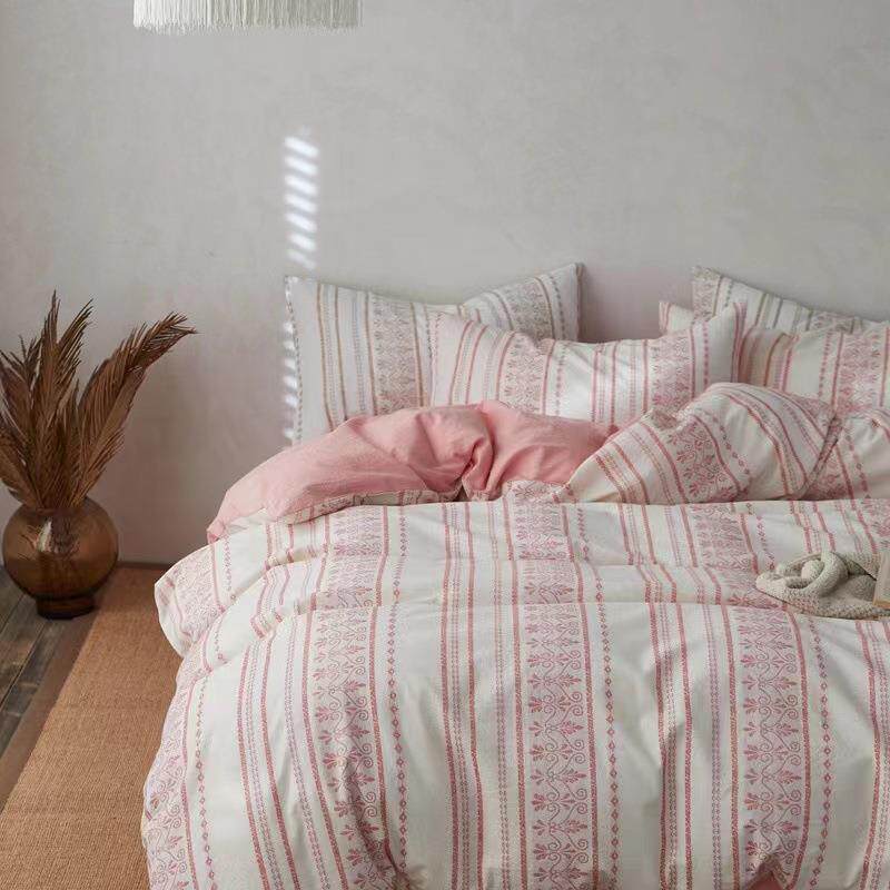 现代简约复古波西米亚粉色提花全棉民宿床上四件套被套床品1.8