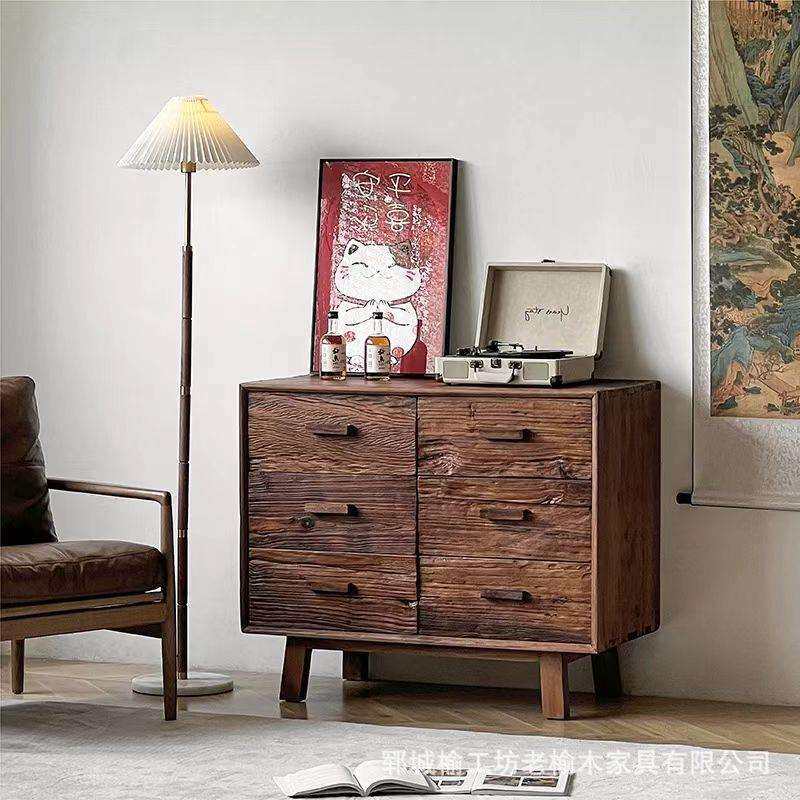 老榆木六斗柜家用抽屉柜玄关储物柜复古老门板榆木家具靠墙餐边柜