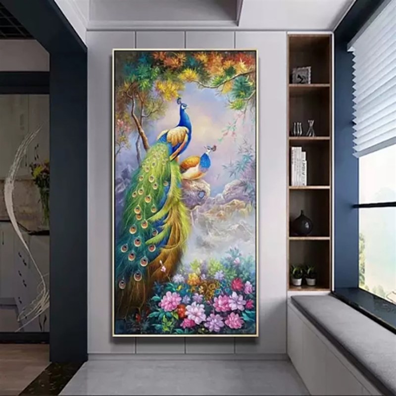新款5D钻石画满钻客厅贴钻大幅点钻玄关竖版孔雀十字绣钻石绣