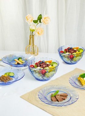 法国进口多莱斯浅蓝色螺纹6件餐具钢化玻璃碗盘子碟家用轻奢餐具
