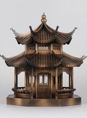 新中式禅意古铜色建筑中国风玄关柜茶桌八角凉亭样板间售楼部摆件