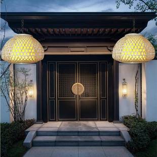 竹灯罩太阳能灯笼灯饰自动亮灯手工编织古风拍摄道具庭院装饰灯笼