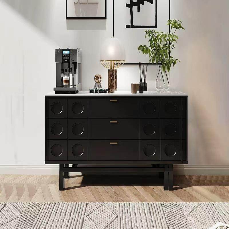 法式实木餐边柜意式轻奢高档岩板储物柜中古风黑色装饰置物玄关柜