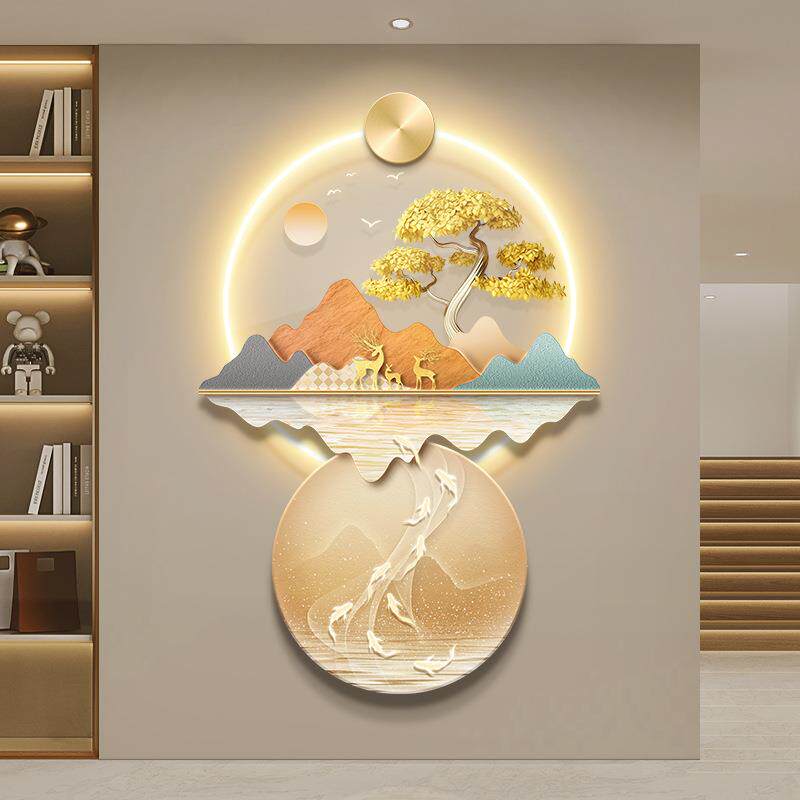 现代轻奢玄关装饰画山水画发财树走廊过道挂画背有靠山高级感壁饰
