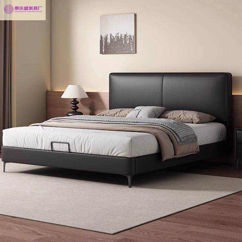 复古软皮意式极简大黑真皮简约现代高端双人床双人豆腐块主卧大床,收纳整理,烫衣板及配件,淘宝优惠券,粉丝福利购,淘宝优惠卷