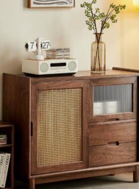 Bw1实木餐边柜现代简约北美黑胡桃茶水柜藤编玻璃门家用储物碗橱