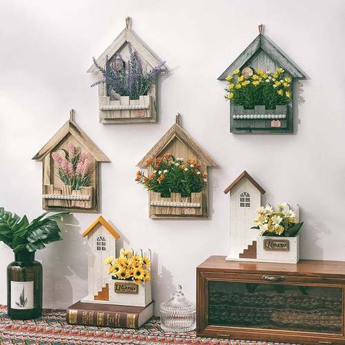 Y8Z田园花墙面装饰挂件家居壁挂花篮花器客厅卧室墙壁假花挂木