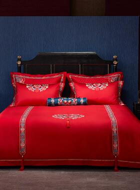 新中式结婚四件套大红色120支长绒棉六件套刺绣喜被婚庆纯棉床品
