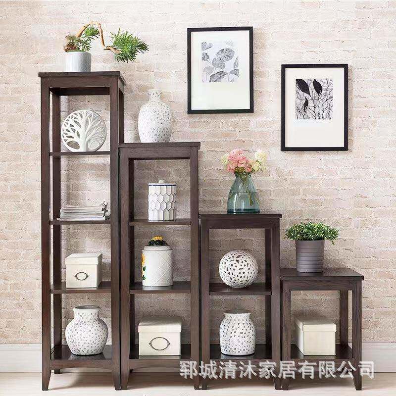 美式乡村复古实木花架橡木多层储物架多规格客厅简约家居置物架