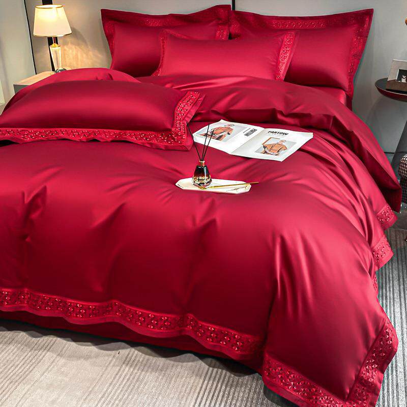 高端奢华140支长绒棉婚庆四件套全棉高支密提花纯棉贡缎被套床品3