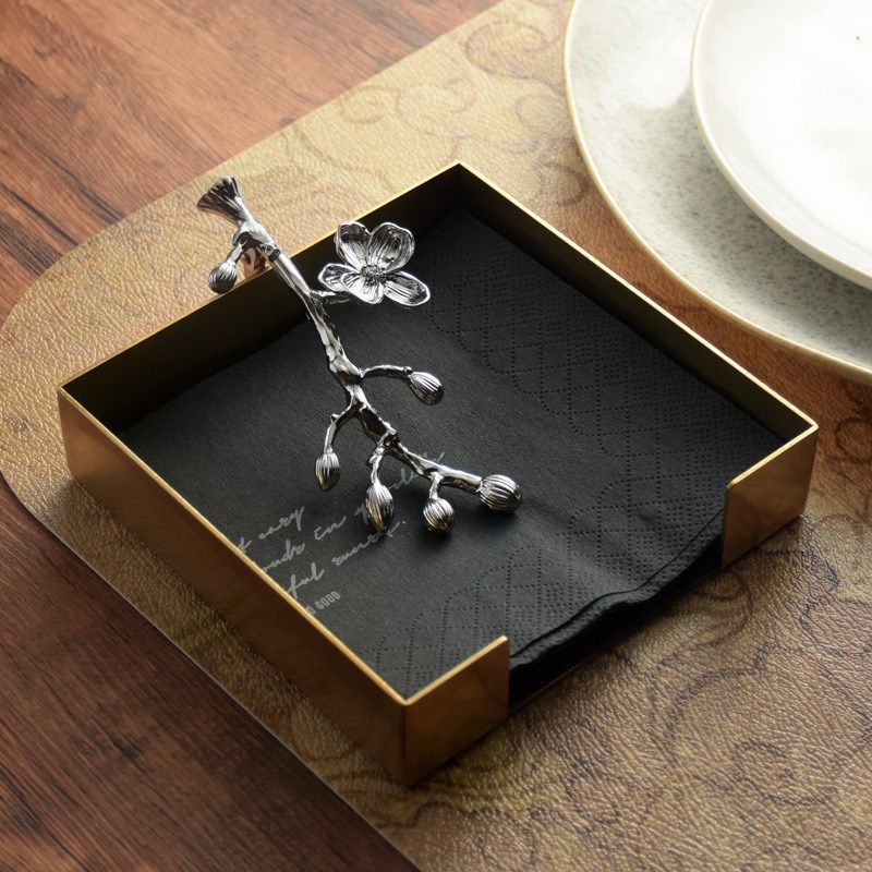 创意不锈钢方形纸巾收纳盒餐厅酒店纸巾座餐巾压橘子花压纸座