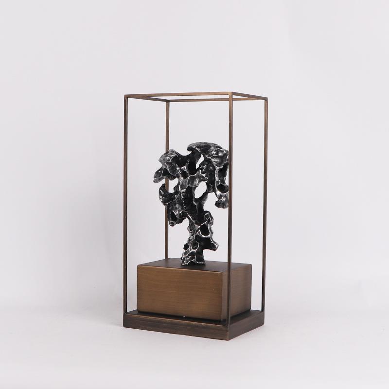 现代新中式太湖石铁艺框架展示摆件展厅售楼处大堂隔断茶几饰品