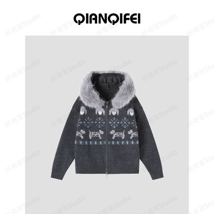 12-19F【纤奇菲】 圣诞提花毛毛连帽拉链毛衣开衫 81046-257001