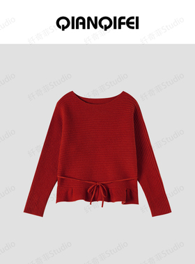 3-19F B 新款复古一字领坑条纹下摆荷叶边毛衣 81055-6098