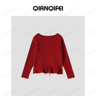 81055 复古一字领坑条纹下摆荷叶边毛衣 新款 6098 27H