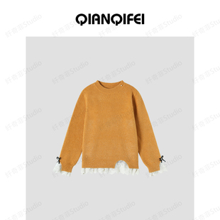 81050 气质温柔钉珠拼接蕾丝蝴蝶结毛衣 纤奇菲 1619 27H