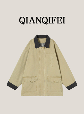 3-22H【纤奇菲】新款拼接撞色翻领工装大口袋休闲外套 91020-2611