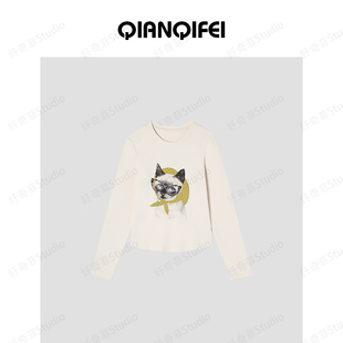 新款 纤奇菲 小猫印花显瘦打底长袖 T恤 6690 91010 27H