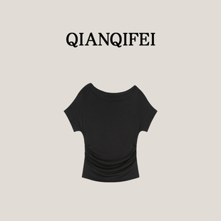 新款 时尚 81062 22H 7046 T恤 纤奇菲 气质短袖 一字领修身