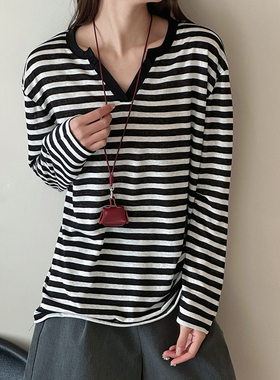 3-15H【纤奇菲】新款简约防晒条纹V领休闲长袖T恤 81006-26019