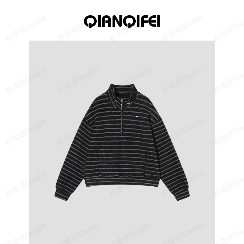 11-27H【纤奇菲】新款韩版半拉链立领条纹宽松卫衣 91010-1736
